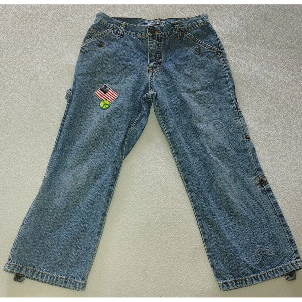 Y2K Limited Too Girls Jeans Size 12 Embroidered Patches Roll Tab Legs Po…